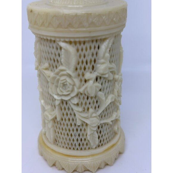 VTG 1978 AGiftCorp Round Ivory Rose Pierced Hors' d'oeuvres Box 5" Tall READ - Picture 4 of 10